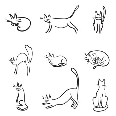 Siyah beyaz basit komik resimler kedilerin kümesi tarihlerde mürekkebi çizim olarak