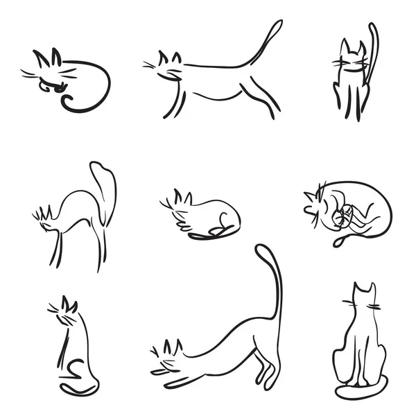 Zbiór Czarno Białych Obrazów Prostych Śmieszne Koty Lubią Jako Rysunek — Wektor stockowy