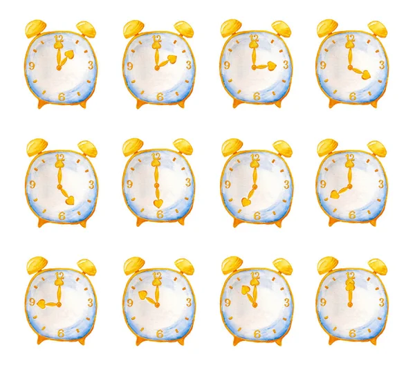 Conjunto Imágenes Acuarela Los Relojes Alarma Con Diferente Tiempo — Foto de Stock