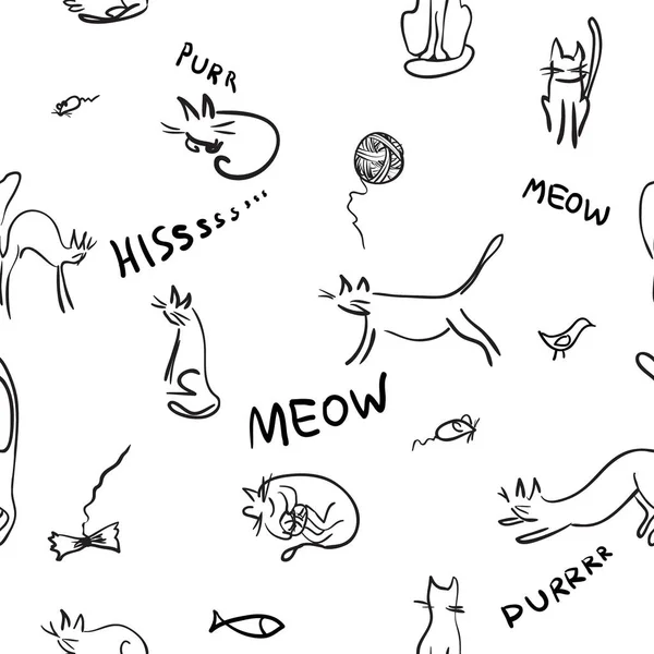 Seamless Pattern Black White Simple Funny Images Cats Ink Drawing — Stock Vector