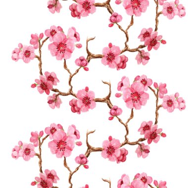 Seamles desen beyaz arka plan üzerinde pembe çiçekli Japon sakura ile. Oryantal tarzda Tekstil, duvar kağıdı veya ambalaj kağıdı için iyi tasarım.