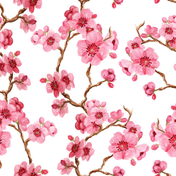 Seamles pattern with japanese sakura with pink flowers on white background. Good design for oriental style textile, wallpaper or wrapping paper. — Stock Image Seamles Pattern Japanese Sakura Pink Flowers White Background Good Design Stock Picture