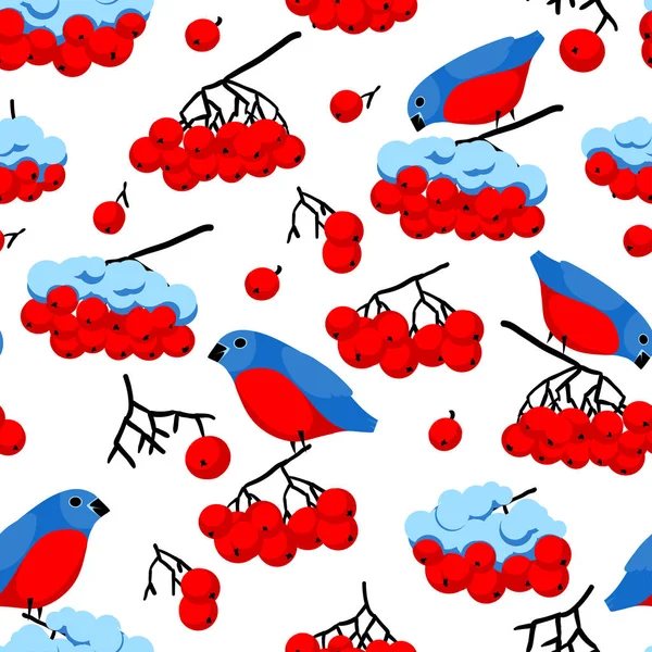 Seamless Pattern Berries Rowan Bullfinches Concept Winter Season Good Design — Stock Vector