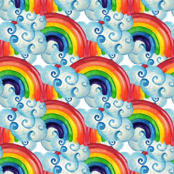 Seamless pattern with watercolor colorful  images of rainbow and clouds on whie background. Good design for kid theme, wrapping paper, wallpaper, textile, backdrop.