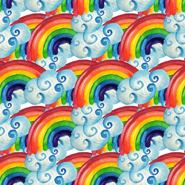 虹と雲 Whie 背景の水彩画のカラフルなイメージでシームレスなパターン 子供のテーマ 包装紙 テキスタイル 背景のグッド デザイン — ストック写真