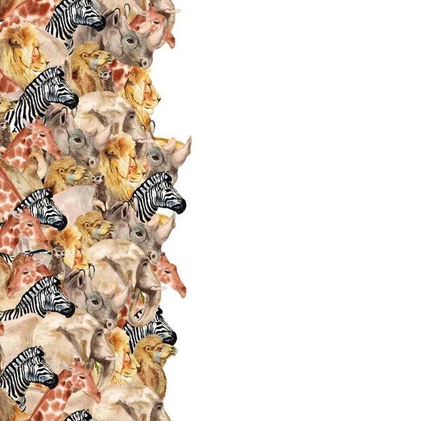 Бесшовная Вертикальная Полоса Акварельными Изображениями Африканских Животных Белом Фоне — стоковое фото
