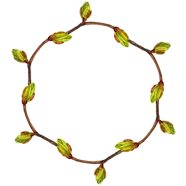 Round frame with watercolor twig with buds — Stock Photo, Image