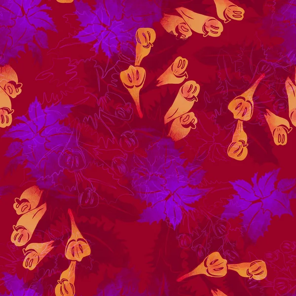 Varratmentes mintázat erdei gyógynövényes, lila levelekkel és sárga virágokkal — Stock Fotó