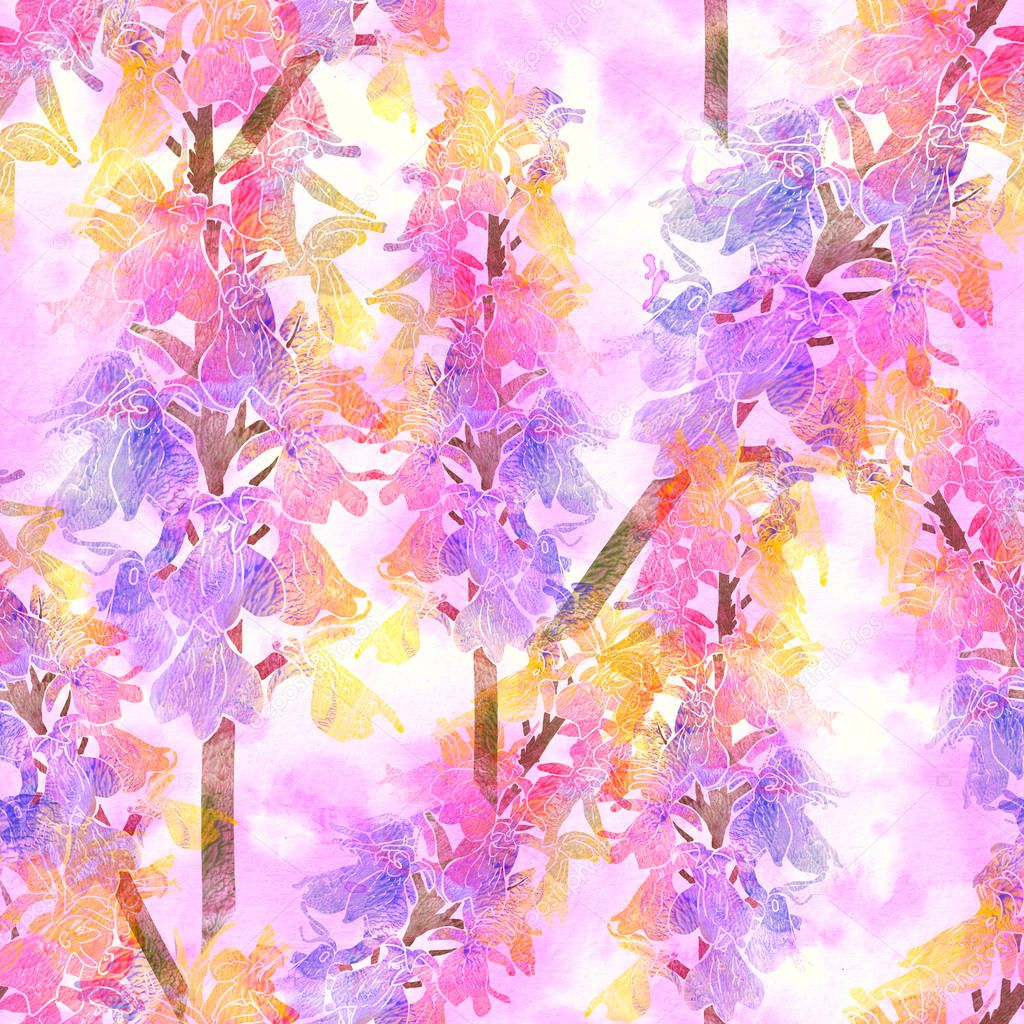 Seamless pattern with forest orchid. 