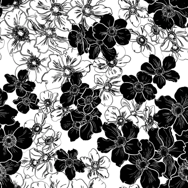 Modello senza cuciture con silhouette nera di fiori — Vettoriale Stock