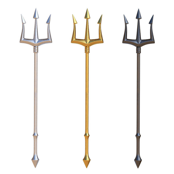 Tridents, silver, golden and black metal, isolated on white background, 3d rendering