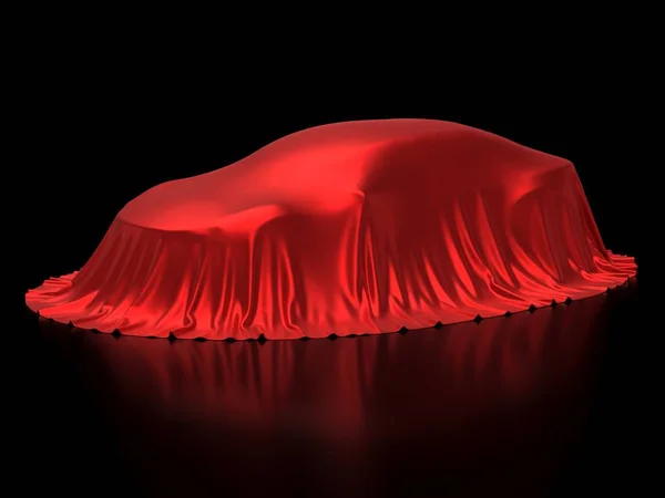 Neuwagenpräsentation Modell Enthüllt Versteckt Unter Rotem Einband Isoliert Auf Schwarzem — Stockfoto