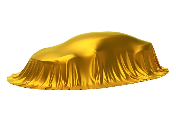 Présentation Voiture Neuve Révélation Modèle Caché Sous Couverture Jaune Isolé — Photo