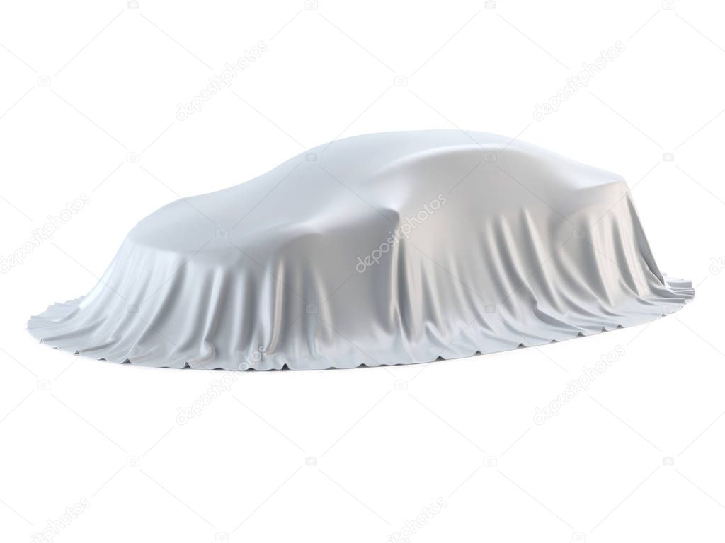 New car presentation, model reveal, hidden under white cover, isolated on white background, 3d rendering