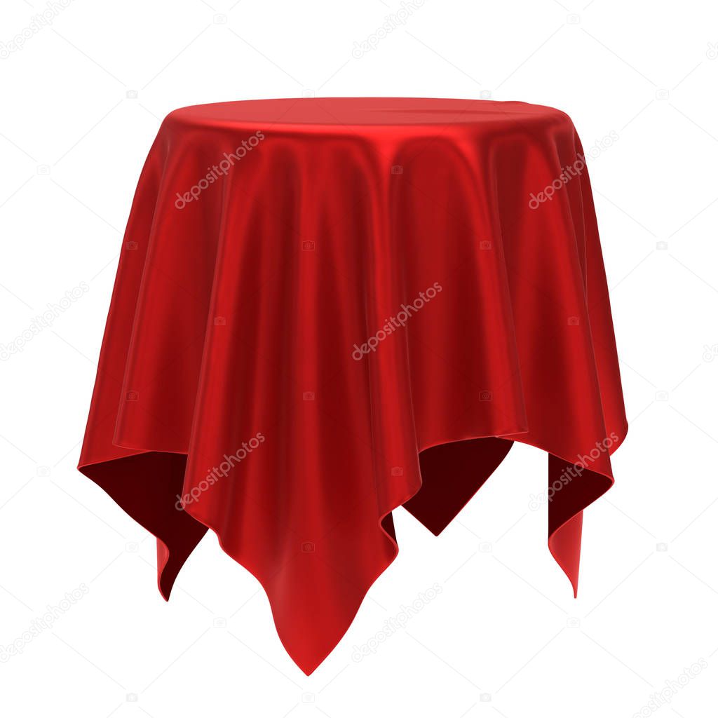 Round podium covered with red fabric isolated on white background, presentation pedestal 3d rendering