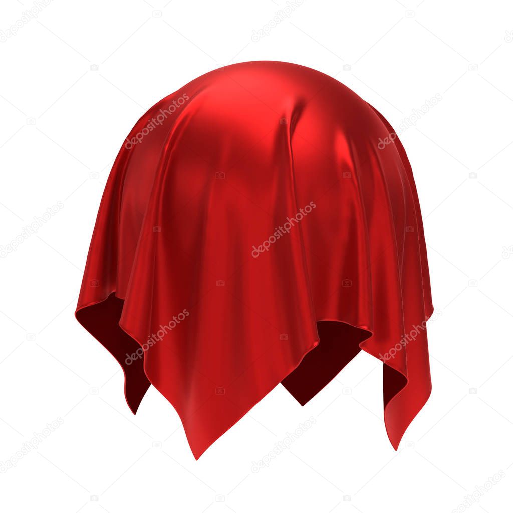 Round podium covered with red fabric isolated on white background, presentation pedestal 3d rendering