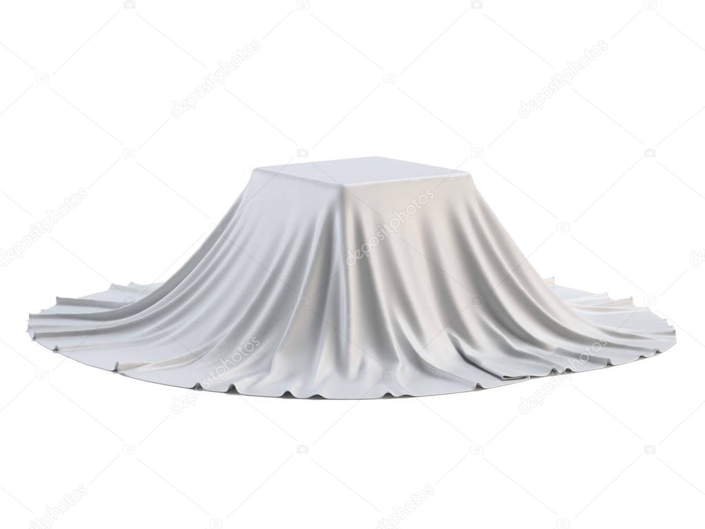 Podium covered with white sheet isolated on white background, presentation pedestal 3d rendering