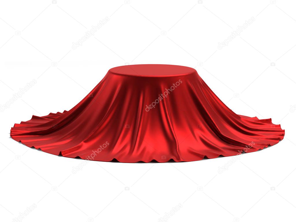 Round podium covered with red fabric isolated on white background, presentation pedestal 3d rendering