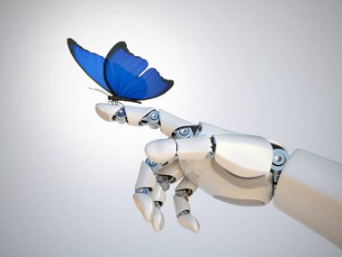 Robot el, teknoloji ve doğa 3d render üzerinde kelebek