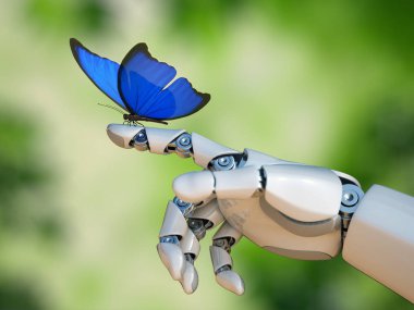 Robot el, teknoloji ve doğa 3d render üzerinde kelebek
