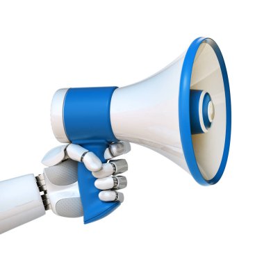 Robot el hoparlör, megafon, teknik reklam kavramı 3d render ile android tutarak