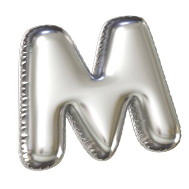 Gümüş balon yazı tipi 3D görüntüleme, M harfi.