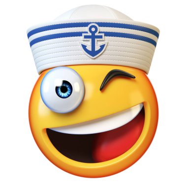 Denizci şapkası emojisi beyaz arka planda izole edilmiş, denizci şapkası takan 3D çizim.