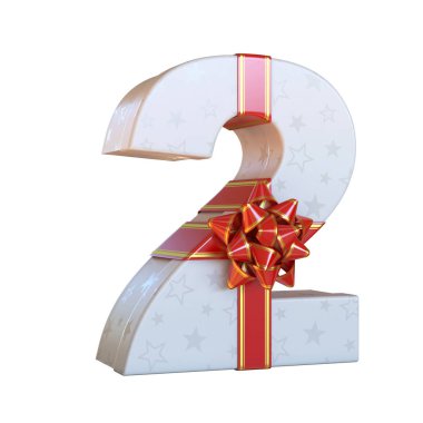 Kırmızı kurdeleli hediye kutusu 3d yazı tipi, mevcut alfabe 3d renderf, numara 2