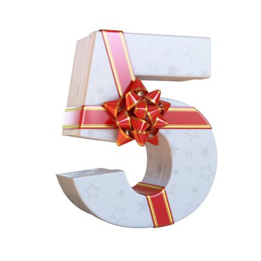 Kırmızı kurdeleli hediye kutusu 3d yazı tipi, mevcut alfabe 3d renderf, numara 5