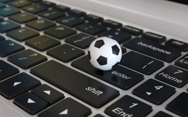 Futbol topu, futbol topu, dizüstü bilgisayarda klavye, 3D sunum