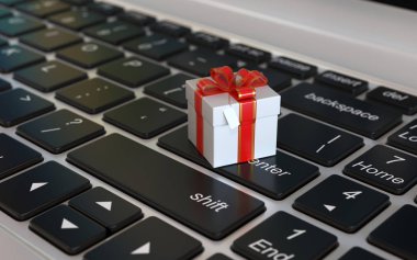 Laptop klavyesinde hediye kutusu 3D simgesi, 3D görüntüleme