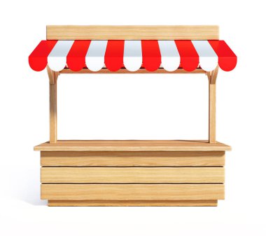 Çizgili kırmızı ve beyaz tenteli market tezgahı, ahşap tezgah, büfe, stand, 3D görüntüleme