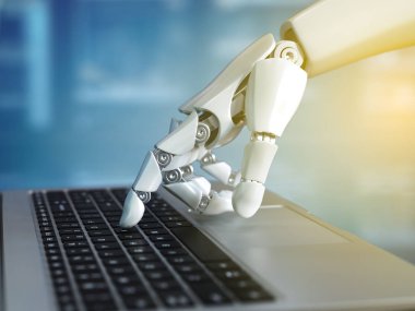 Bilgisayarın klavyesinde robot el yazısı, 3D görüntüleme