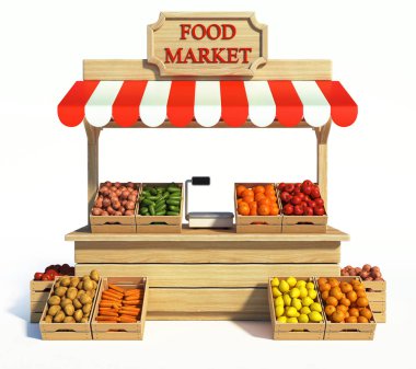 Gıda pazarı büfesi, çiftçi alışverişi, çiftlik gıda tezgahı, meyve ve sebze standı 3D.