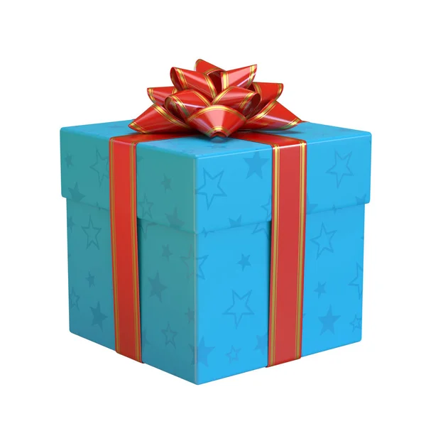 Blue Gift Box Red Bow Ribbon Blue Present Rendering — Stock Photo, Image