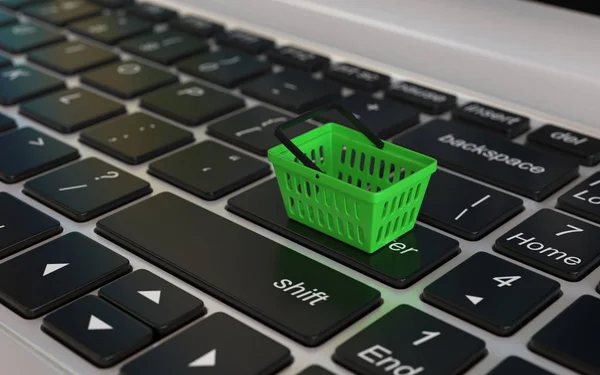 Online Winkelen Concept Winkelmandje Laptop Toetsenbord Rendering — Stockfoto