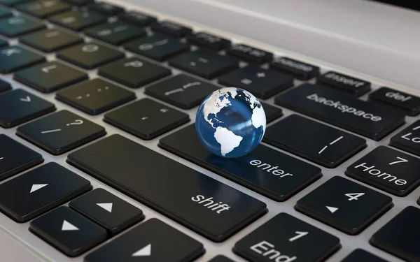 Globe Laptop Billentyűzet Világhírek Globalizáció Koncepció Renderelés — Stock Fotó