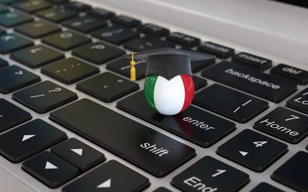 Learn Italian Online Concept Italian Flag Graduation Cap Laptop Keyboard — Stock Photo, Image