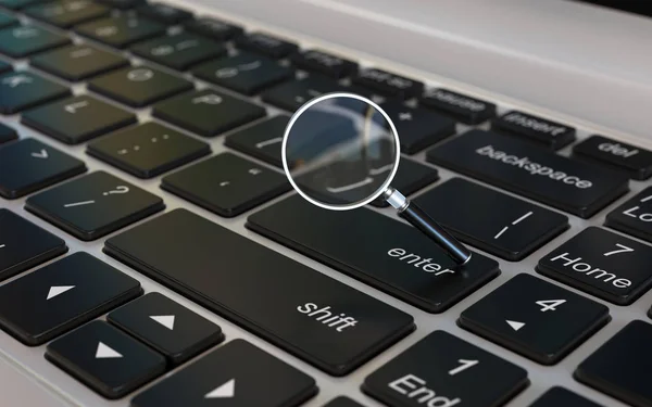 magnifier glass 3d icon on laptop keyboard, 3d rendering
