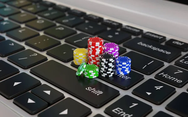 Online Gambling Concept Poker Chips Laptop Keyboard Rendering — Stock Photo, Image