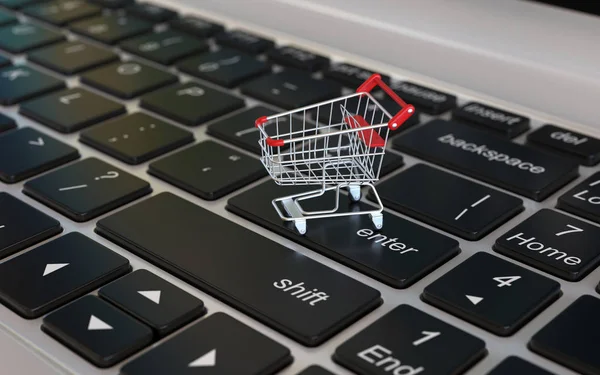 Online Vásárlás Koncepció Bevásárlókosár Laptop Billentyűzeten Renderelés — Stock Fotó