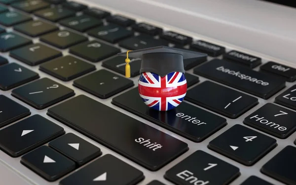 Learn English Online Concept Union Jack Flag Graduation Cap Laptop — Stock Photo, Image