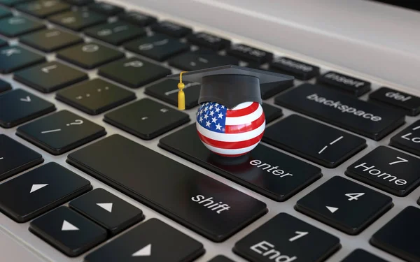 Study in USA 3d concept, US flag with graduation cap on laptop keyboard 3d rendering