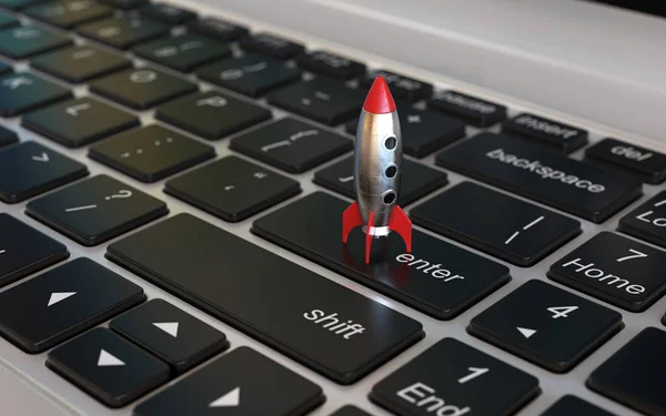 启动3D概念 飞船火箭在笔记本电脑键盘上 3D渲染 — 图库照片