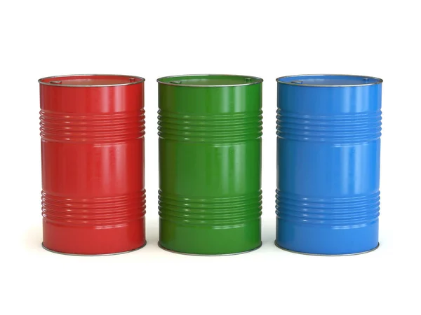 Red Green Blue Barrels Isolated White Background Rendering — Stock Photo, Image
