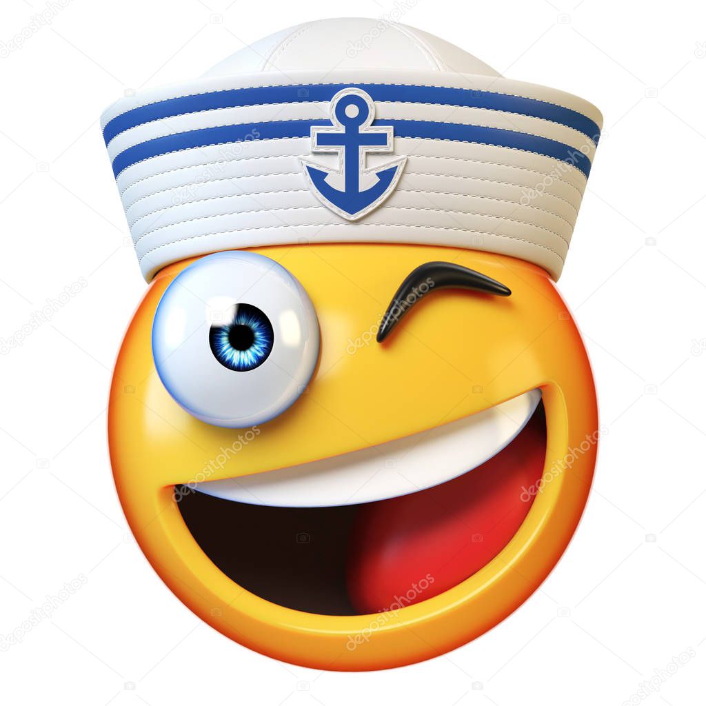 Sailor hat emoji isolated on white background, marine emoticon wearing navy cap 3d rendering