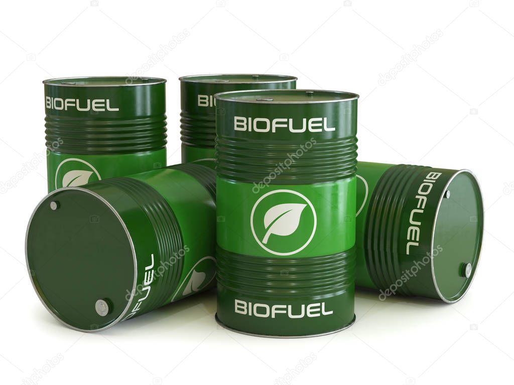 Biofuel barrels with biofuel symbol 3d rendering