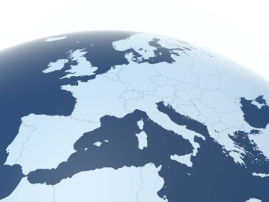 Avrupa ülkeleri 3D illüstrasyon, görünür sınırları ve Dünya 'nın eğimine sahip Avrupa kıtası, 3D görüntüleme