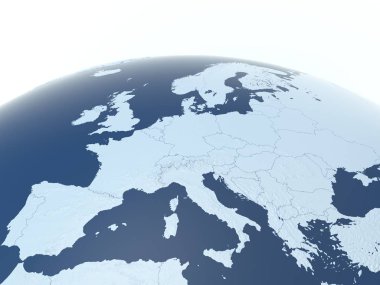 Avrupa ülkeleri 3D illüstrasyon, görünür sınırları ve Dünya 'nın eğimine sahip Avrupa kıtası, 3D görüntüleme