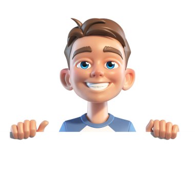 Boş tahtası olan genç bir çocuk, fotokopi alanı olan beyaz posterin arkasındaki okul çocuğu.